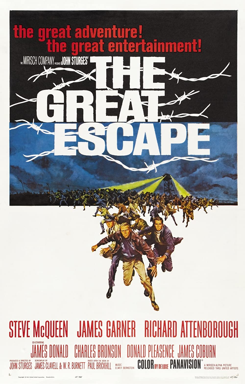 movie poster for the Great Escape. Shows night sky with barbed wire and people running toward the viewer. 