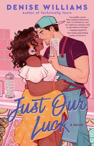 a photo of the book cover. An African American woman wearing a white shirt and yellow skirt is kissing a white man in a blue hat, apron, and red shirt. 